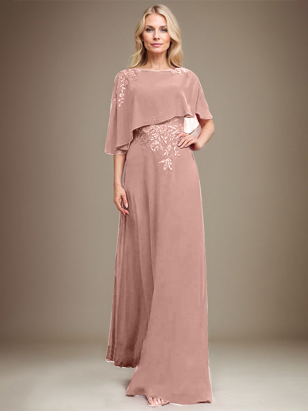 A-Linie U-Ausschnitt Bodenlang Chiffon Spitze Kleid für die Brautmutter mit Pailletten und Perlen