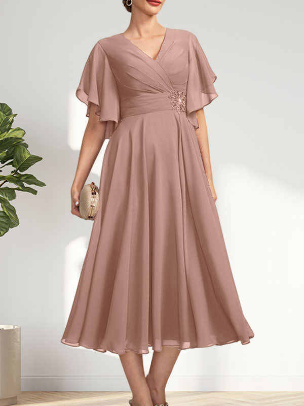A-line V-Neck Tea-Length Chiffon Mother of the Bride Dress With Pleated Beading