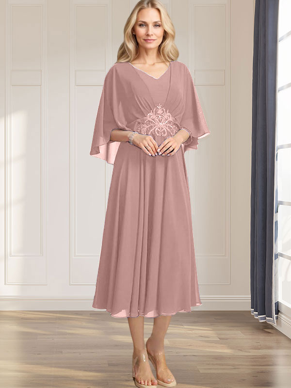 A-Linie V-Ausschnitt Wadenlanges Chiffonkleid für die Brautmutter mit plissierten Paillettenapplikationen Spitzenbesatz