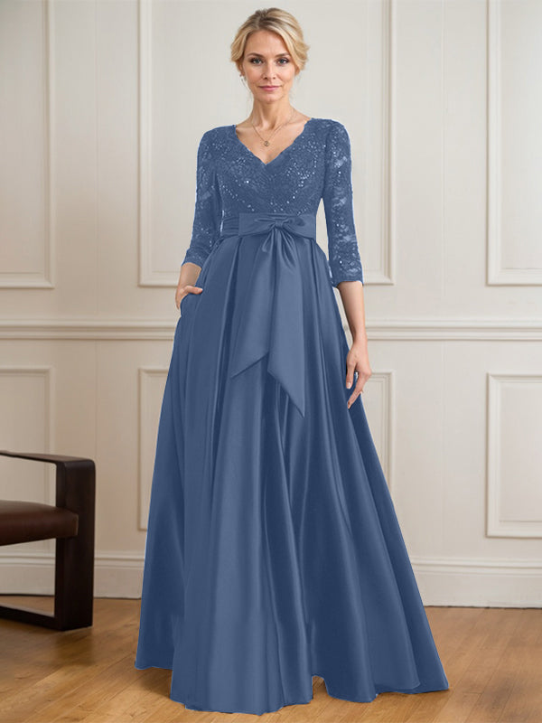 A-Linie V-Ausschnitt Bodenlanges Satin-Spitzenkleid für die Brautmutter mit Paillettenschleife