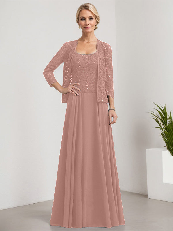A-Linie Quadratisches Bodenlanges Spitzen-Chiffon-Kleid für die Brautmutter mit Pailletten