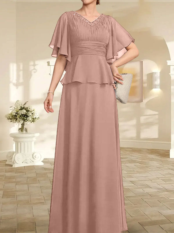 A-Linien-Kleid aus Chiffon mit V-Ausschnitt und bodenlangem Schnitt für die Brautmutter mit plissierten Perlen