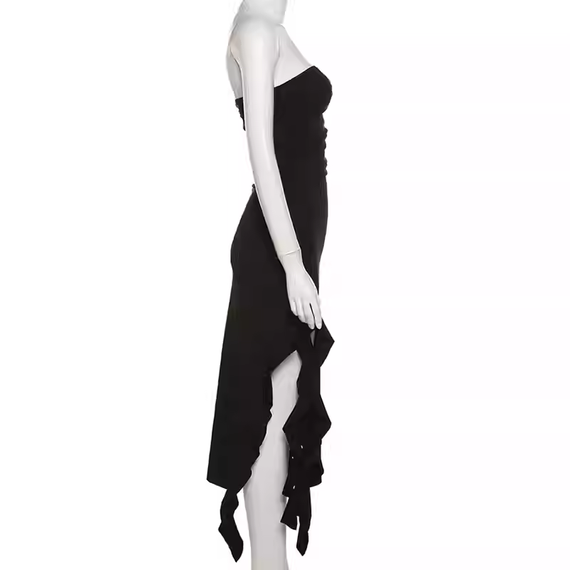Schickes schwarzes trägerloses Partykleid, schwarzes Abendkleid Y1929