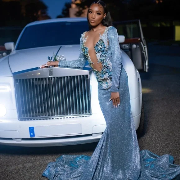 Wunderschönes blaues Satin-Abendkleid mit Perlenapplikationen, sexy, rückenfreies Meerjungfrau-Abendkleid Y7949