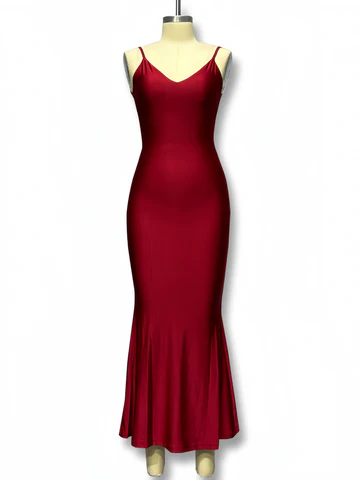 Vestido de noche estilo sirena con tirantes finos color burdeos, vestido de fiesta Y8482
