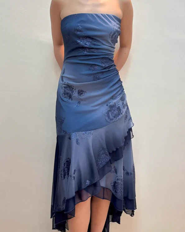 Vestido de noche azul marino con corte sirena, sin tirantes y escalonado, vestido de fiesta Y7811