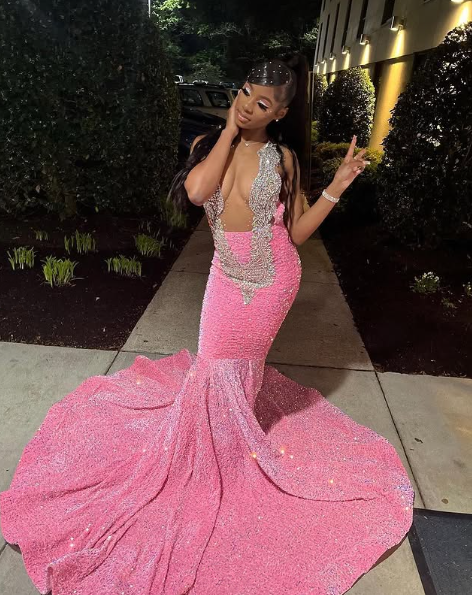Wunderschönes rosa Perlen Pailletten Abendkleid Meerjungfrau Ballkleid Y8016