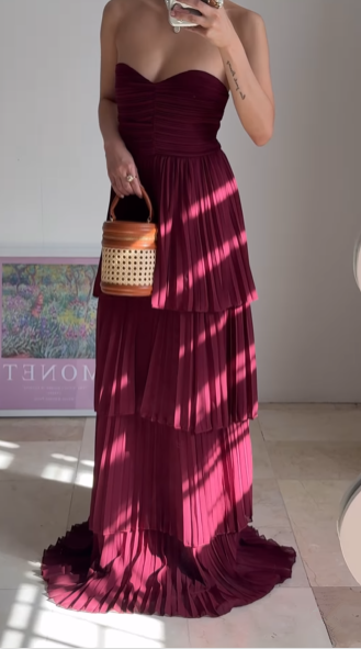 Vestido de noche largo plisado de gasa burdeos sin tirantes, corte A, corte A, Y8503