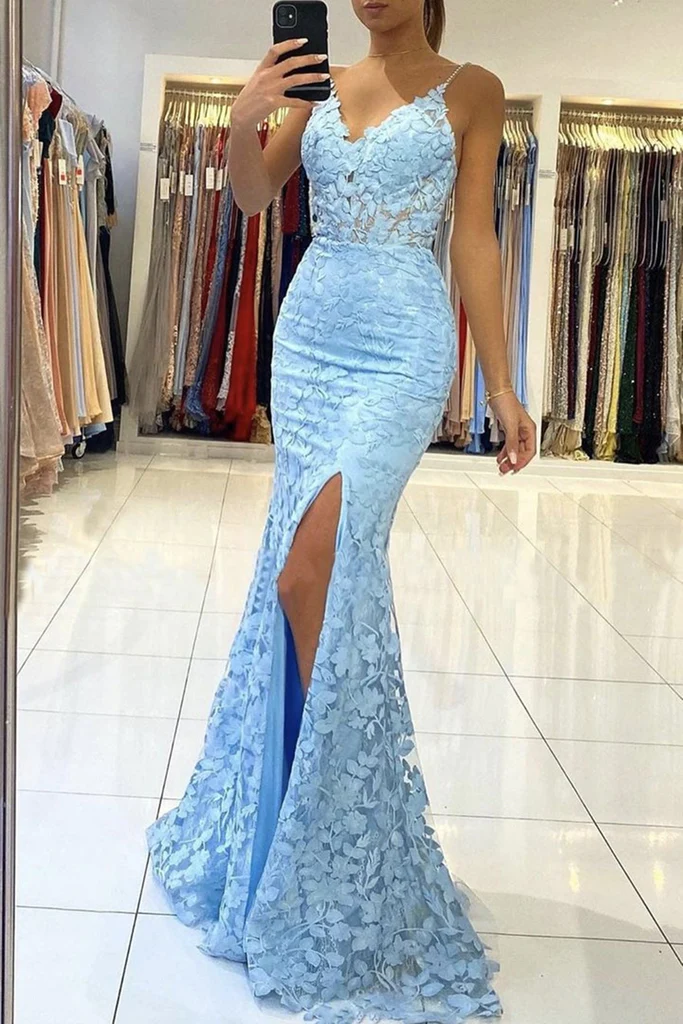 Meerjungfrau V-Ausschnitt Rückenfreies blaues Spitzenkleid, Meerjungfrau Blaues Spitzenkleid, Blaues Spitzenabendkleid Y333