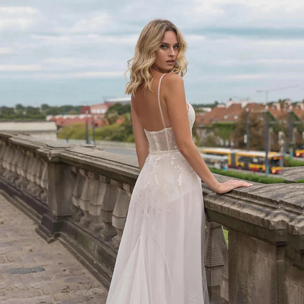 Elegant Beach Wedding Dresses High Slits Tulle Bohemian Lace Applique Robes De Mariee Backless Bridal Gowns Robe De Vestido-payinti