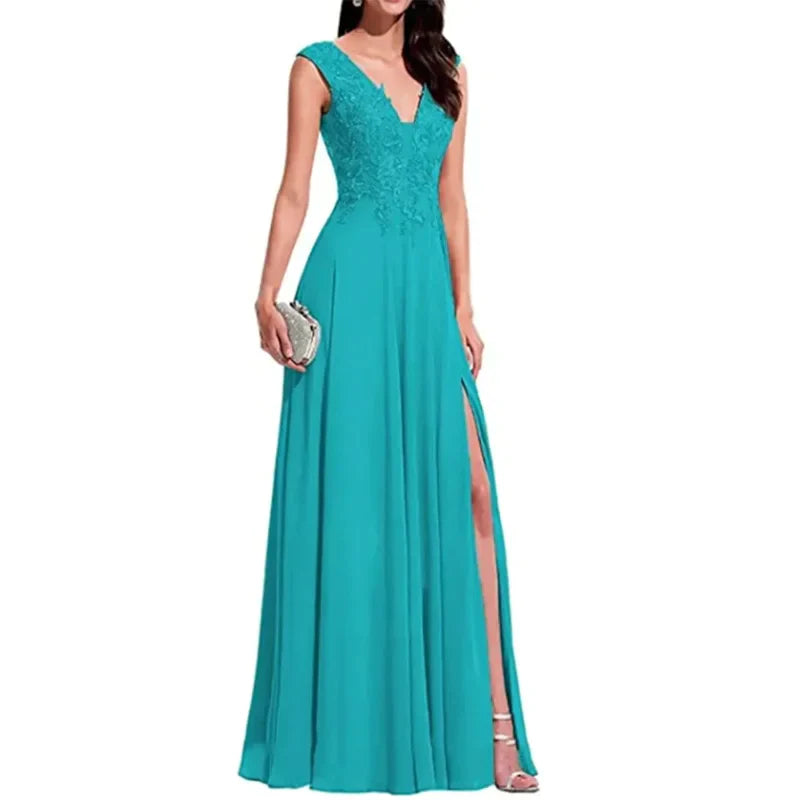 Elegant Blue Evening Dress Chiffon V-back Sweet High Side Slit Appliques Lace Prom Dress Vestidos Para Fiesta De Día Y Noche-payinti