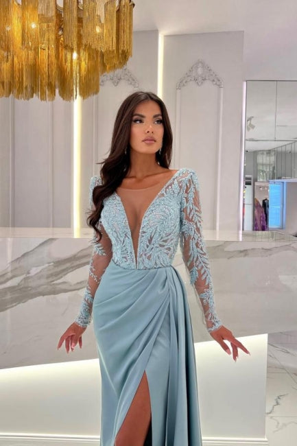 Elegante vestido de fiesta con escote en V, manga larga, abertura frontal y columna hasta el suelo con encaje
