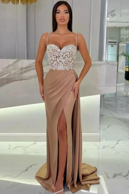 Elegantes langes Meerjungfrau-Abschlussballkleid mit Spaghettiträgern und herzförmigem Ausschnitt und Glitzer