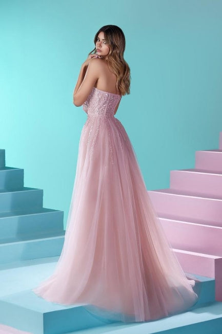 Elegante vestido de fiesta largo rosa de corte A sin tirantes, con encaje y purpurina, y abertura