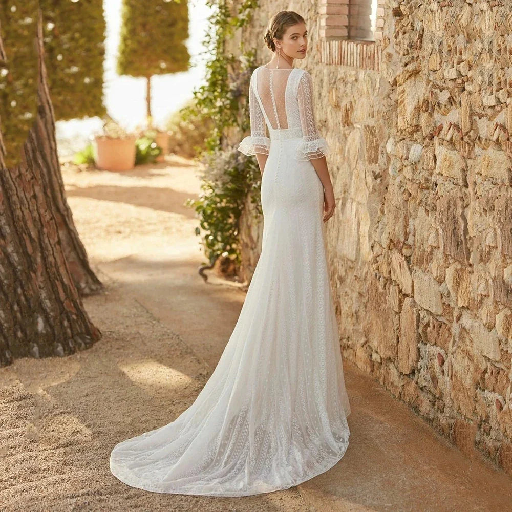 Elegant Mermaid Wedding Dresses Lace Bohemia Sexy Deep V-Neck Half Sleeve Bridal Gowns Pearl Button Formal Beach Party Robe Tull-payinti