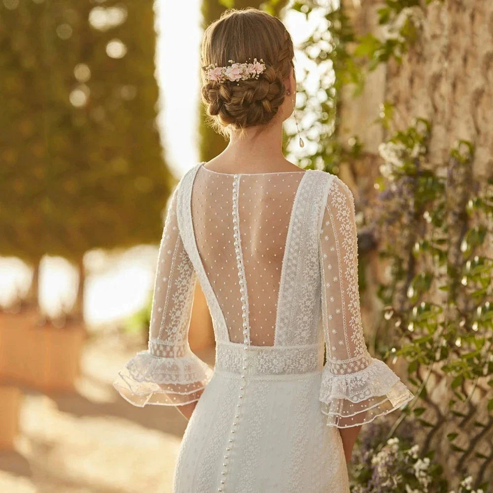 Elegant Mermaid Wedding Dresses Lace Bohemia Sexy Deep V-Neck Half Sleeve Bridal Gowns Pearl Button Formal Beach Party Robe Tull-payinti