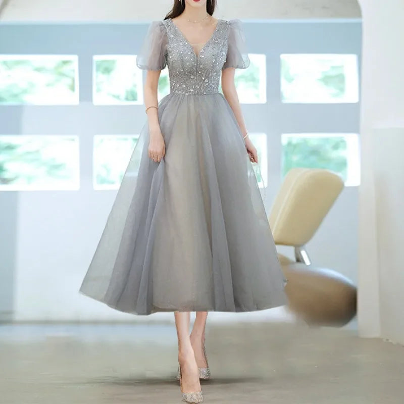 Elegant Princess Formal Evening Prom Dress Gorgeous V Neck Puff Sleeve Bandage Long Dresses Floral Glitter Robes De Soirée 2023-payinti