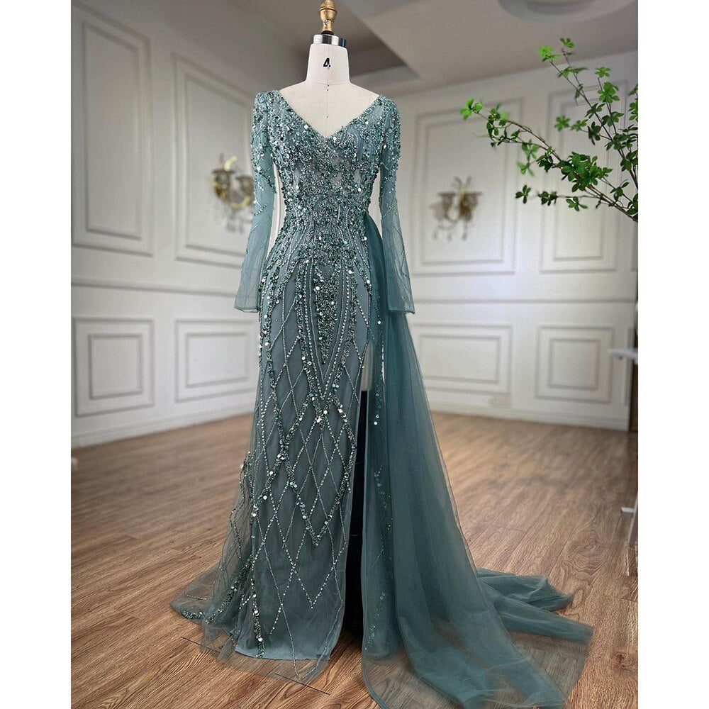 Elegantes türkisfarbenes Abendkleid mit hohem Schlitz und langen Ärmeln aus Meramid mit Perlen für Frauen, Hochzeitsfeier LA71793A