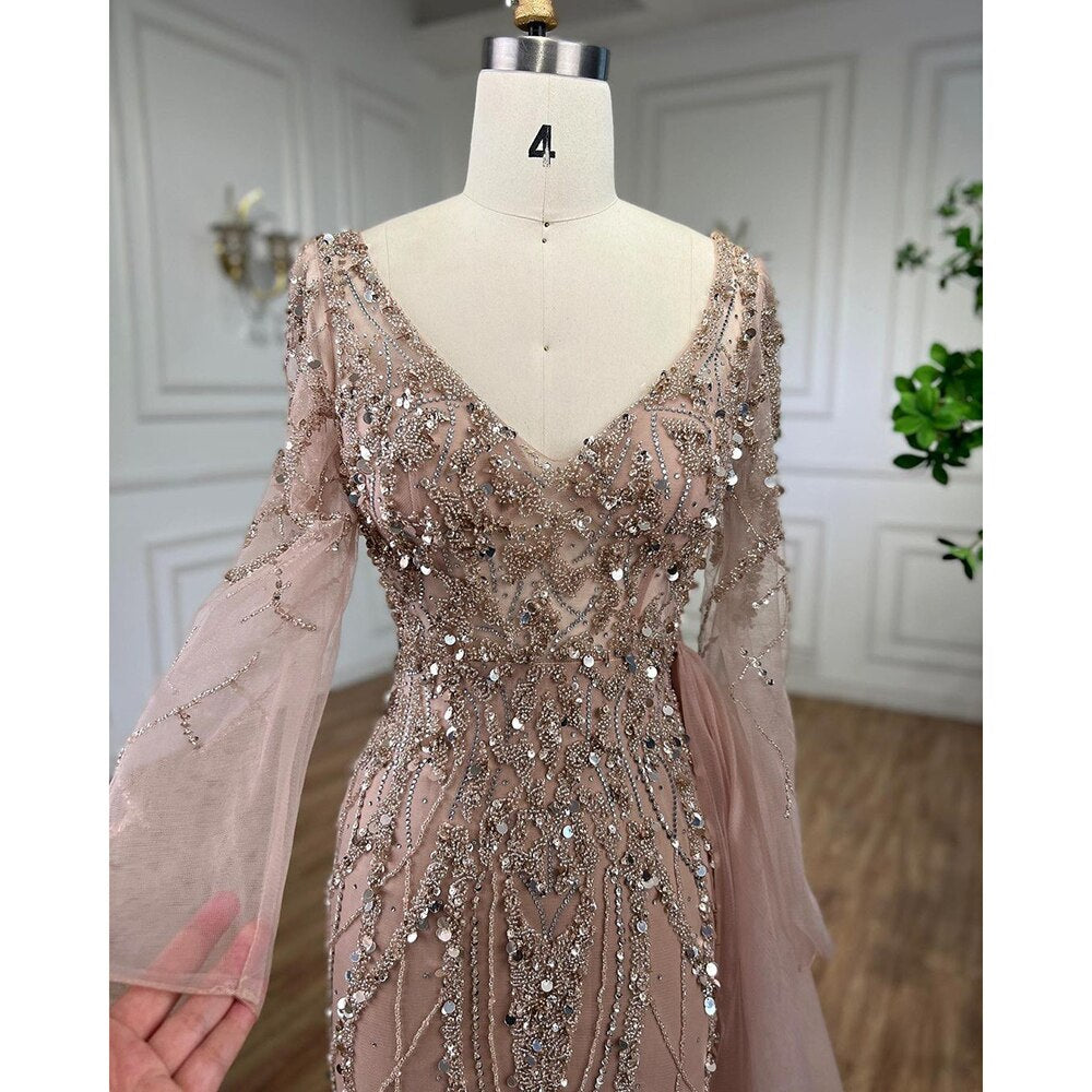 Elegantes türkisfarbenes Abendkleid mit hohem Schlitz und langen Ärmeln aus Meramid mit Perlen für Frauen, Hochzeitsfeier LA71793A