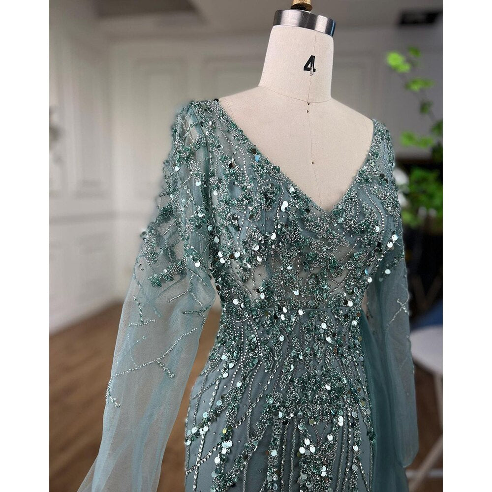 Elegantes türkisfarbenes Abendkleid mit hohem Schlitz und langen Ärmeln aus Meramid mit Perlen für Frauen, Hochzeitsfeier LA71793A
