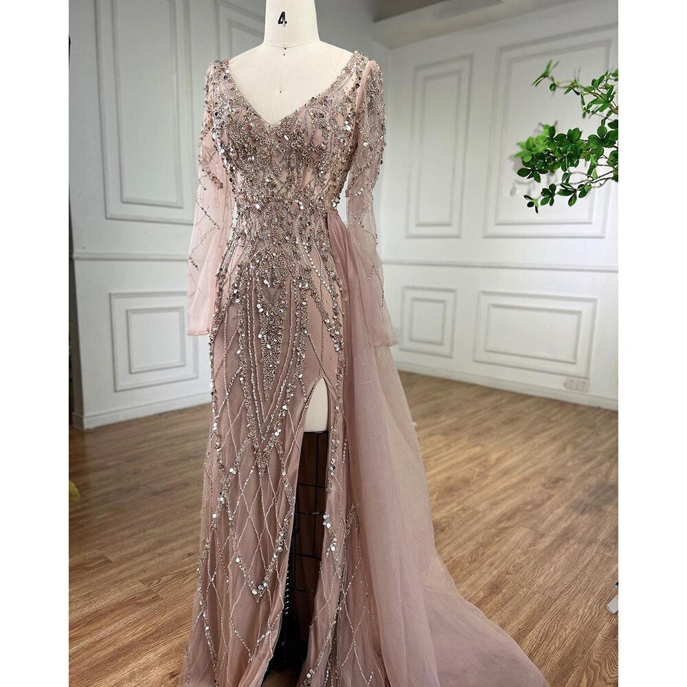 Elegantes türkisfarbenes Abendkleid mit hohem Schlitz und langen Ärmeln aus Meramid mit Perlen für Frauen, Hochzeitsfeier LA71793A