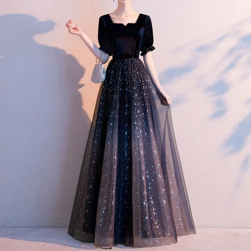 Elegant Temperament Square Collar Wedding Party Dress Slim Waist Puff Sleeve Prom Vestidos Formal Robe New Long Evening Dresses-payinti