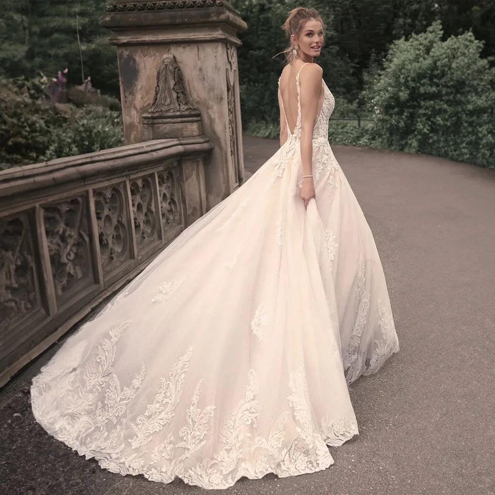 Elegant Wedding Dresses For Woman Popular Summer A-line V-Neck Sleeveless Appliques Open Back Vestidos De Novia-payinti