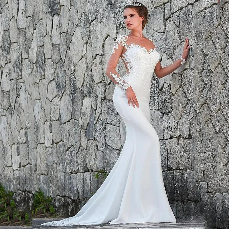 Elegant white bridal gown crew neck Long Sleeve Decal Crystal beaded floor-length long sleeve mermaid wedding dress with train-payinti