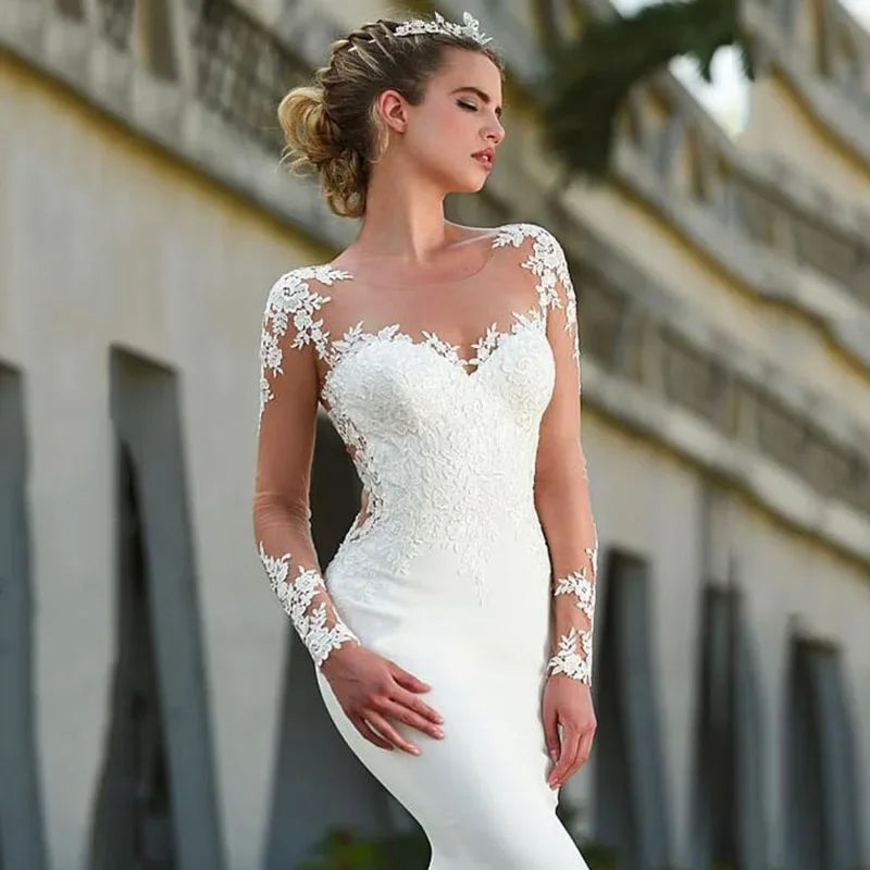 Elegant white bridal gown crew neck Long Sleeve Decal Crystal beaded floor-length long sleeve mermaid wedding dress with train-payinti
