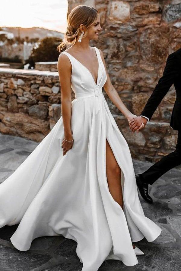Elegant A-line Satin V-neckline Sweep Train Wedding Dresses WD564