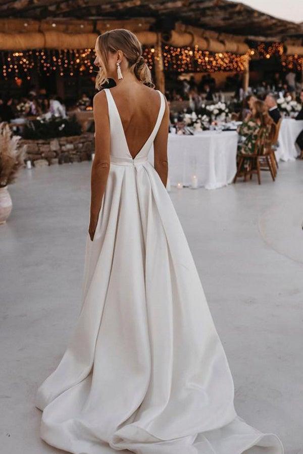 Elegant A-line Satin V-neckline Sweep Train Wedding Dresses WD564