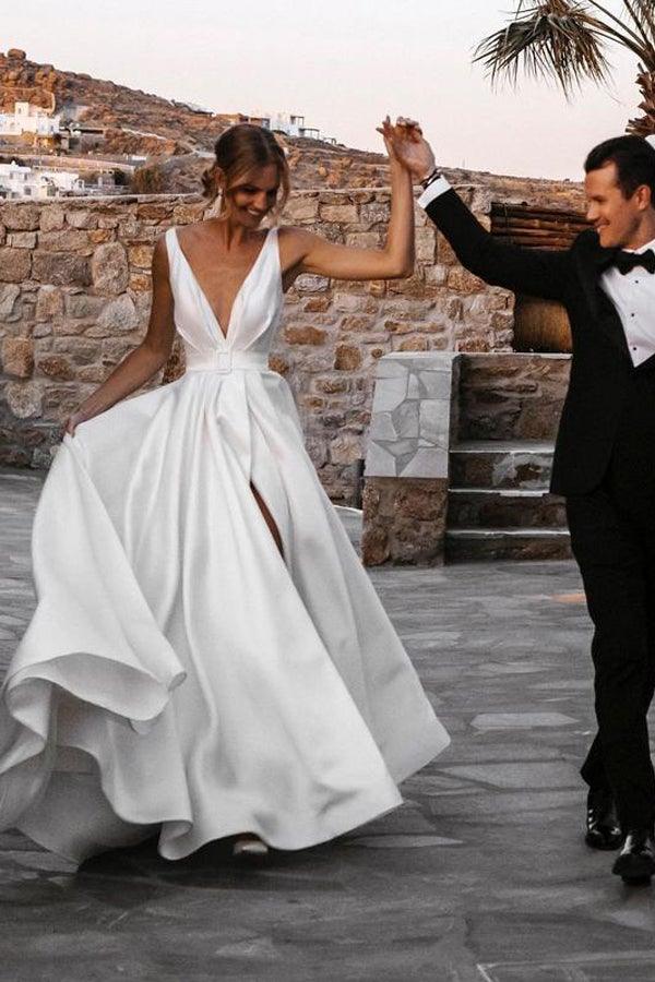 Elegant A-line Satin V-neckline Sweep Train Wedding Dresses WD564