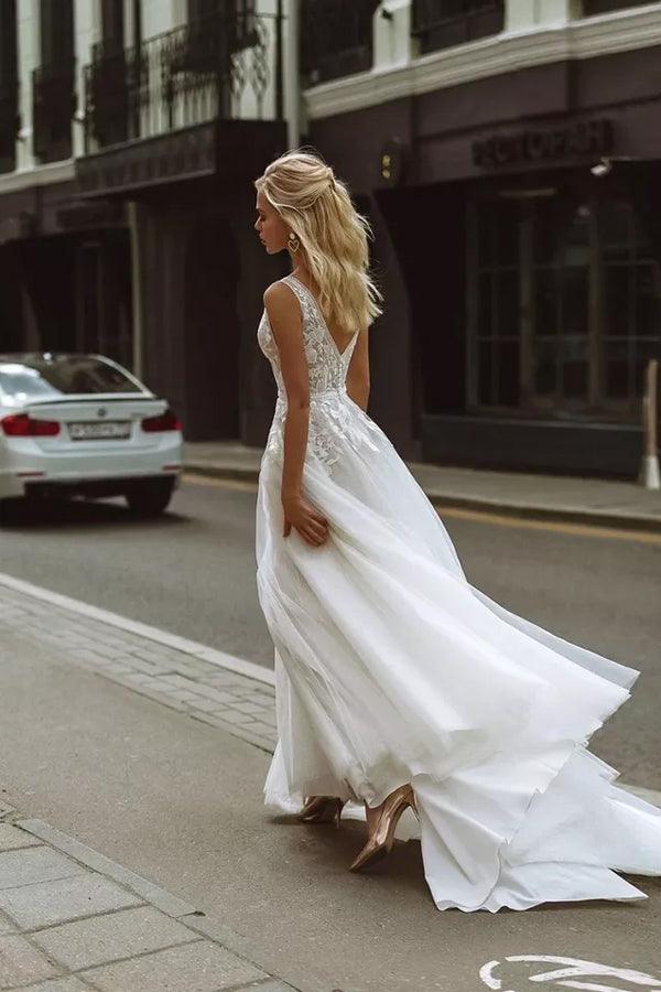 Elegant A-line V Neck Lace Beach Wedding Dresses Bridal Gown WD607
