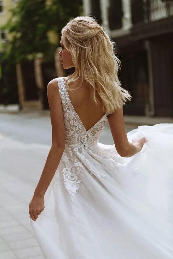 Elegant A-line V Neck Lace Beach Wedding Dresses Bridal Gown WD607
