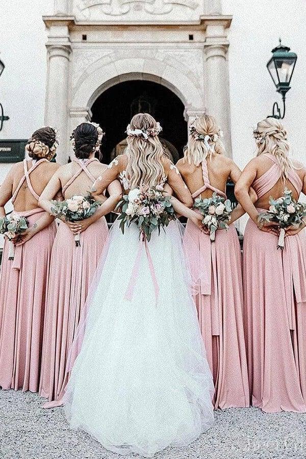 Elegant A Line V Neck Elastic Satin Pink Pleats Long Bridesmaid Dresses BD084