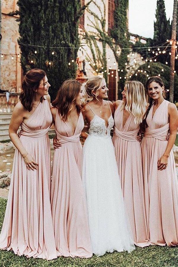 Elegant A Line V Neck Elastic Satin Pink Pleats Long Bridesmaid Dresses BD084