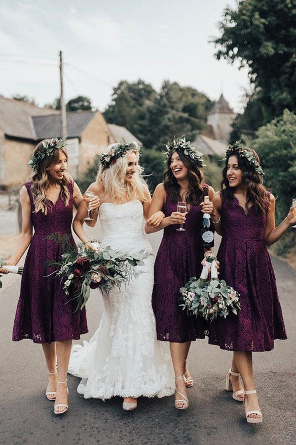 Elegant Lace V-Neckline Tea-length A-line Bridesmaid Dress BD094