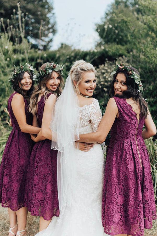 Elegant Lace V-Neckline Tea-length A-line Bridesmaid Dress BD094
