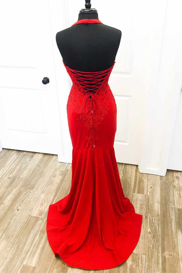 Elegante vestido de fiesta rojo de corte sirena con cuello halter y apliques PSK505