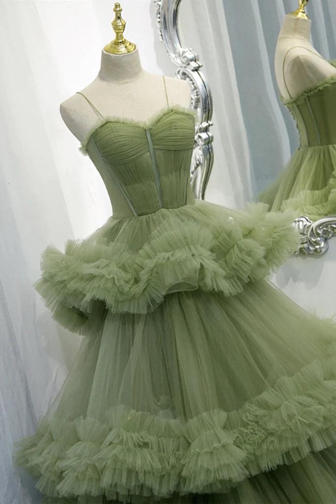 Elegant Straps Pleated Green Tiered Tulle Prom Formal Dress PSK417
