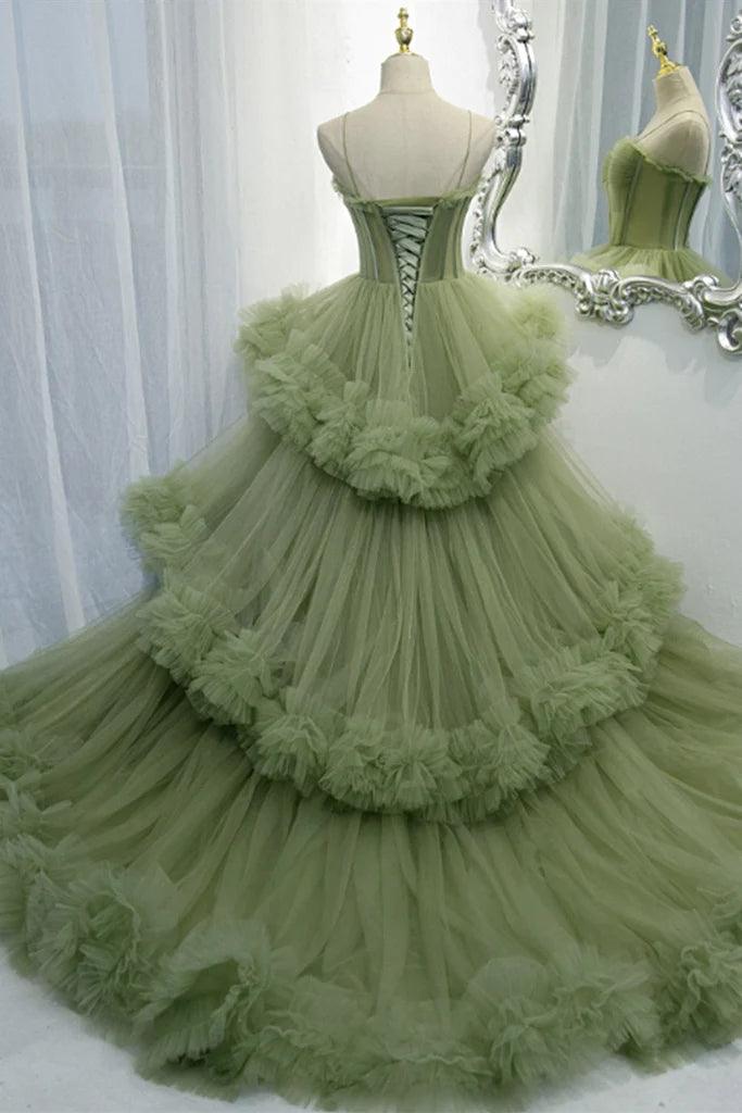 Elegant Straps Pleated Green Tiered Tulle Prom Formal Dress PSK417
