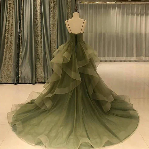 Vestido de noche largo de tul con escote corazón y tirantes verdes, vestido de fiesta de tul verde en capas Y987