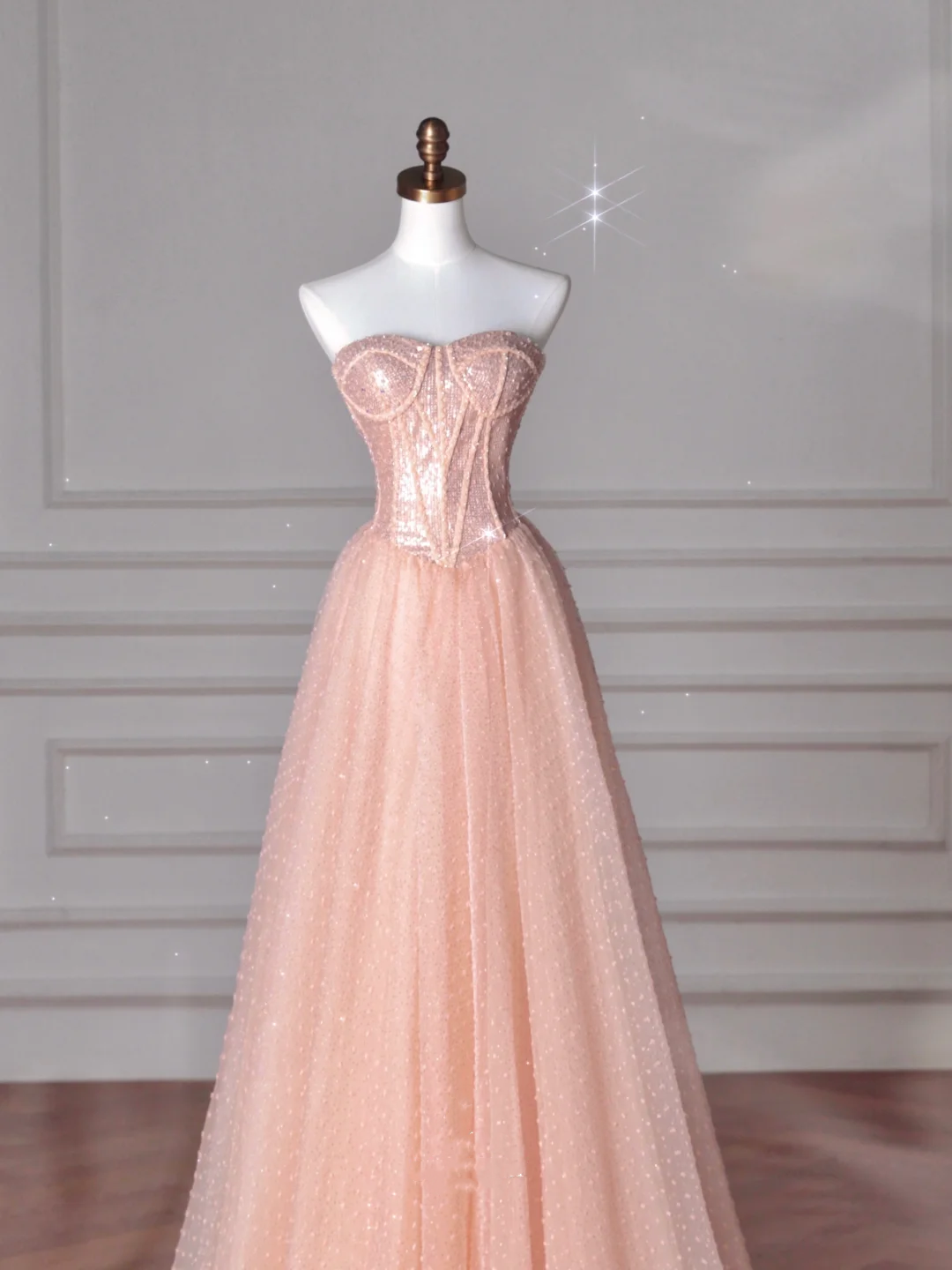 Vestido de noche largo de tul con lentejuelas, sin tirantes, color rosa melocotón, corte A, Y8645