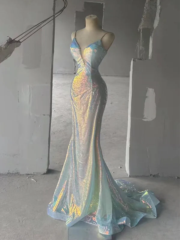 Vestidos de noche largos con tirantes finos y lentejuelas, corte sirena, escote en V y espalda descubierta, Y7804