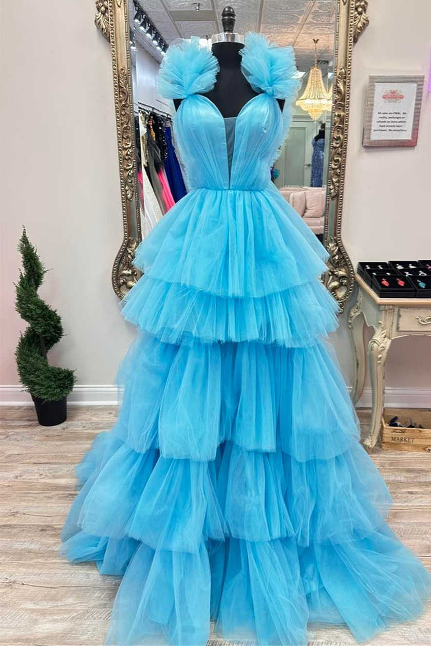 Bernice | Hellblaues A-Linien-Ballkleid mit Rüschenträgern