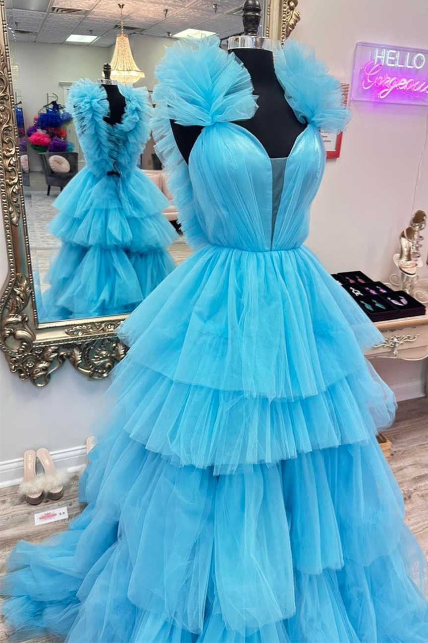 Bernice | Hellblaues A-Linien-Ballkleid mit Rüschenträgern