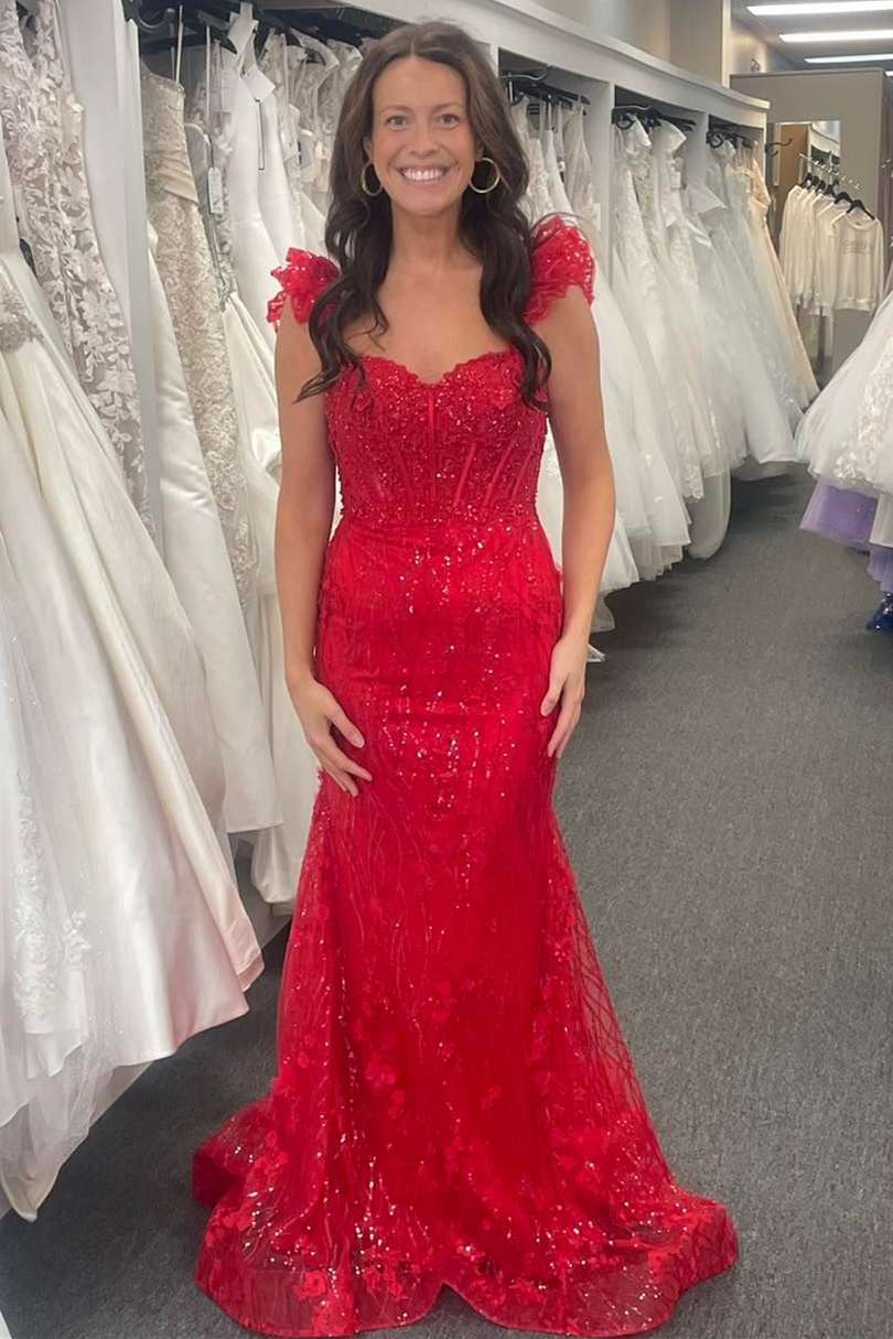 Mckinley | Gelbes, langes Ballkleid im Meerjungfrauen-Stil mit Rüschenträgern und 3D-Blumen
