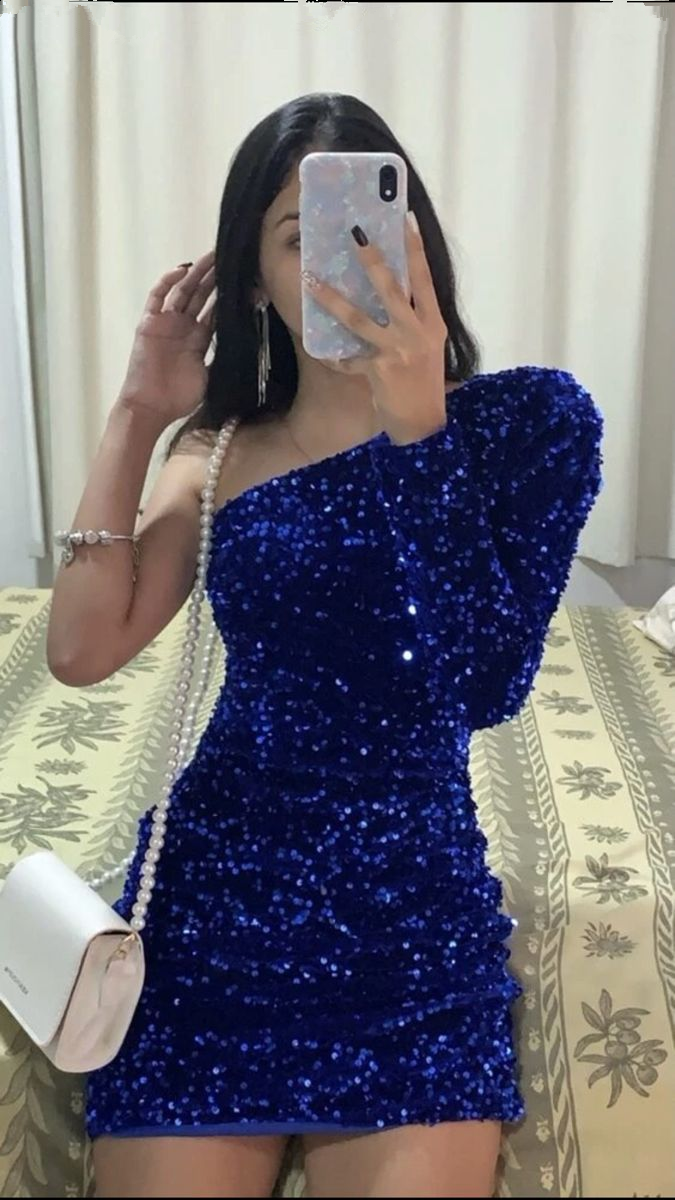Vestido de fiesta ajustado con lentejuelas brillantes para mujer, de un solo hombro, manga larga, minivestido para fiesta en club Y4190