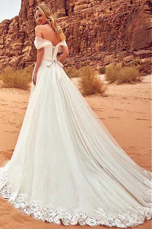 Fabulous White A-line Off Shoulder Tulle Wedding Dresses with Sweep Brush Train MW235