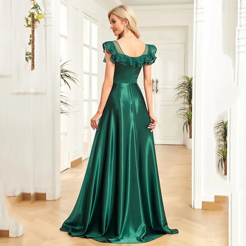 Satin Patchwork Lace Ball Gown Ruffles Illusion Scoop Wedding Party Emerald Green Tulle A Line Dresses Ladies Corset-payinti